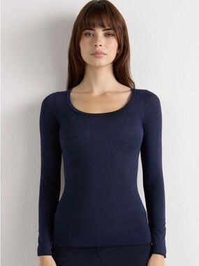 Intimissimi Navy Blue Scoop Neck Ultralight Modal Cashmere Long Sleeve Top